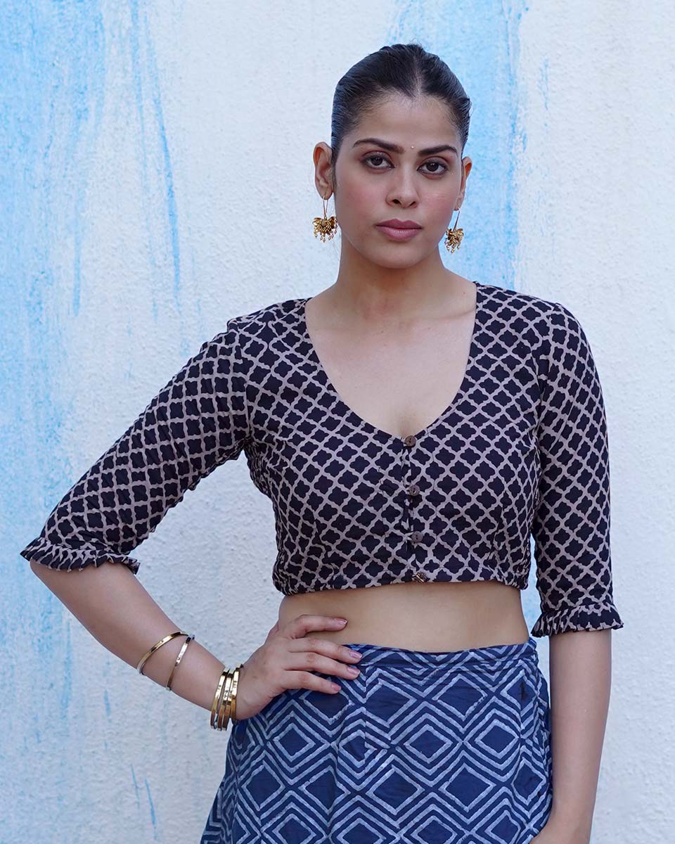 Melted ice lollies Black Hand Block Printed Cotton Blouse- UMT