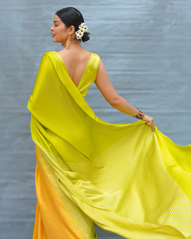 Quiet Wave Yellow Handblock Print Modal Silk Saree - Flow