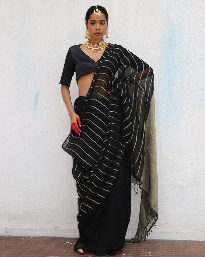 Binodini Handwoven Linen Zari Saree