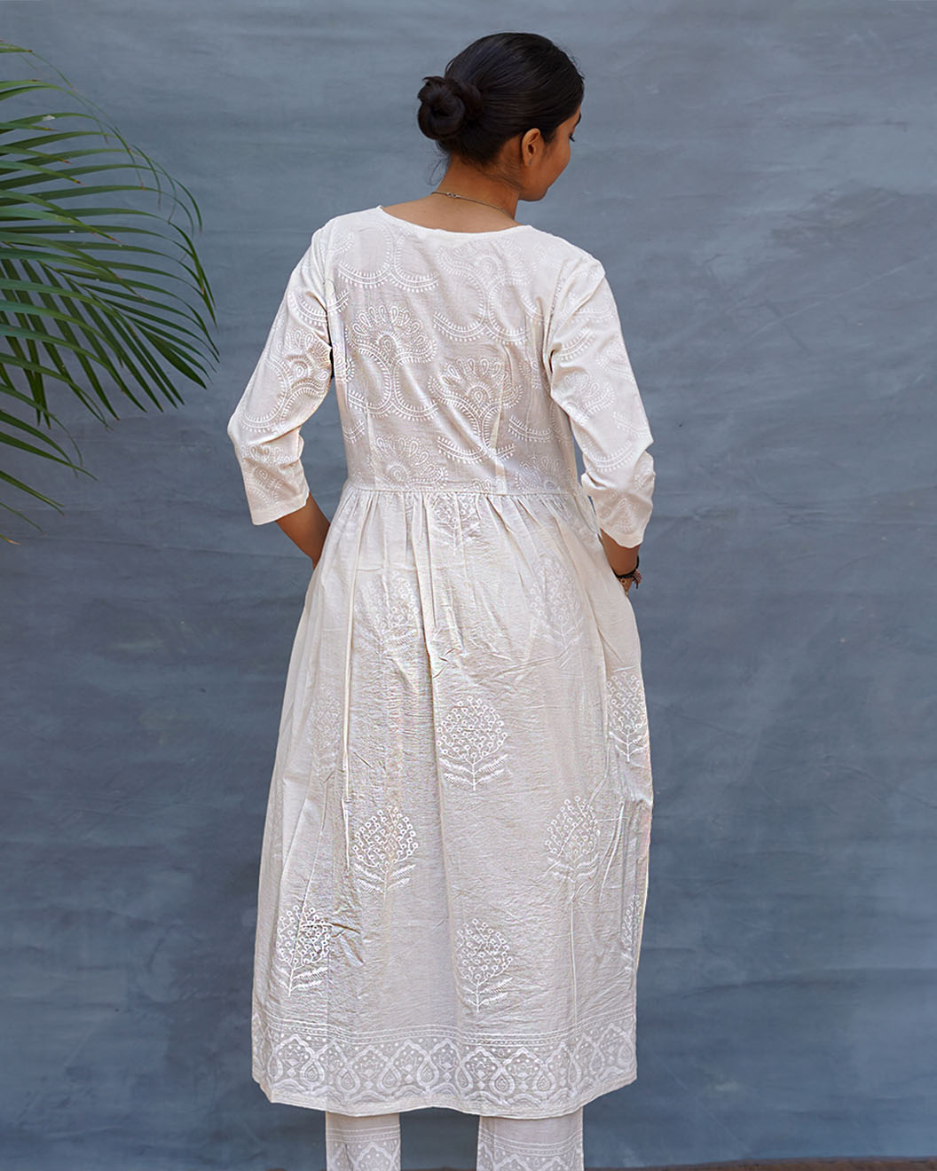 Pressed Cotton Ivory Handblock Printed Kurta Pant Set - SFD