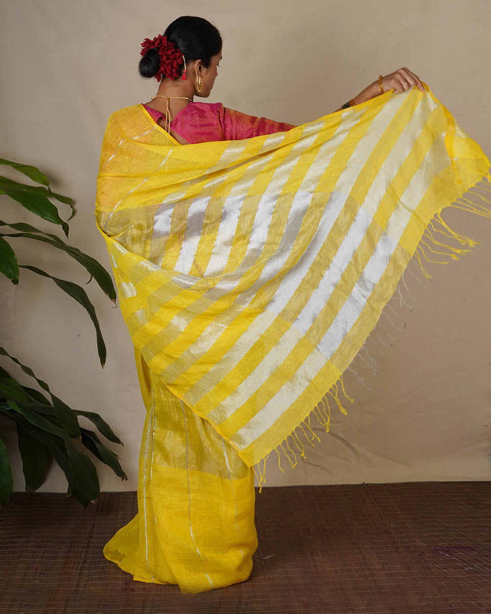 Arunima Yellow Handwoven Linen Zari Saree - Eknoor