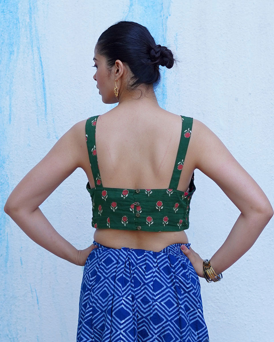 Watching kites fly Green Hand Block Printed Cotton Blouse - UMT