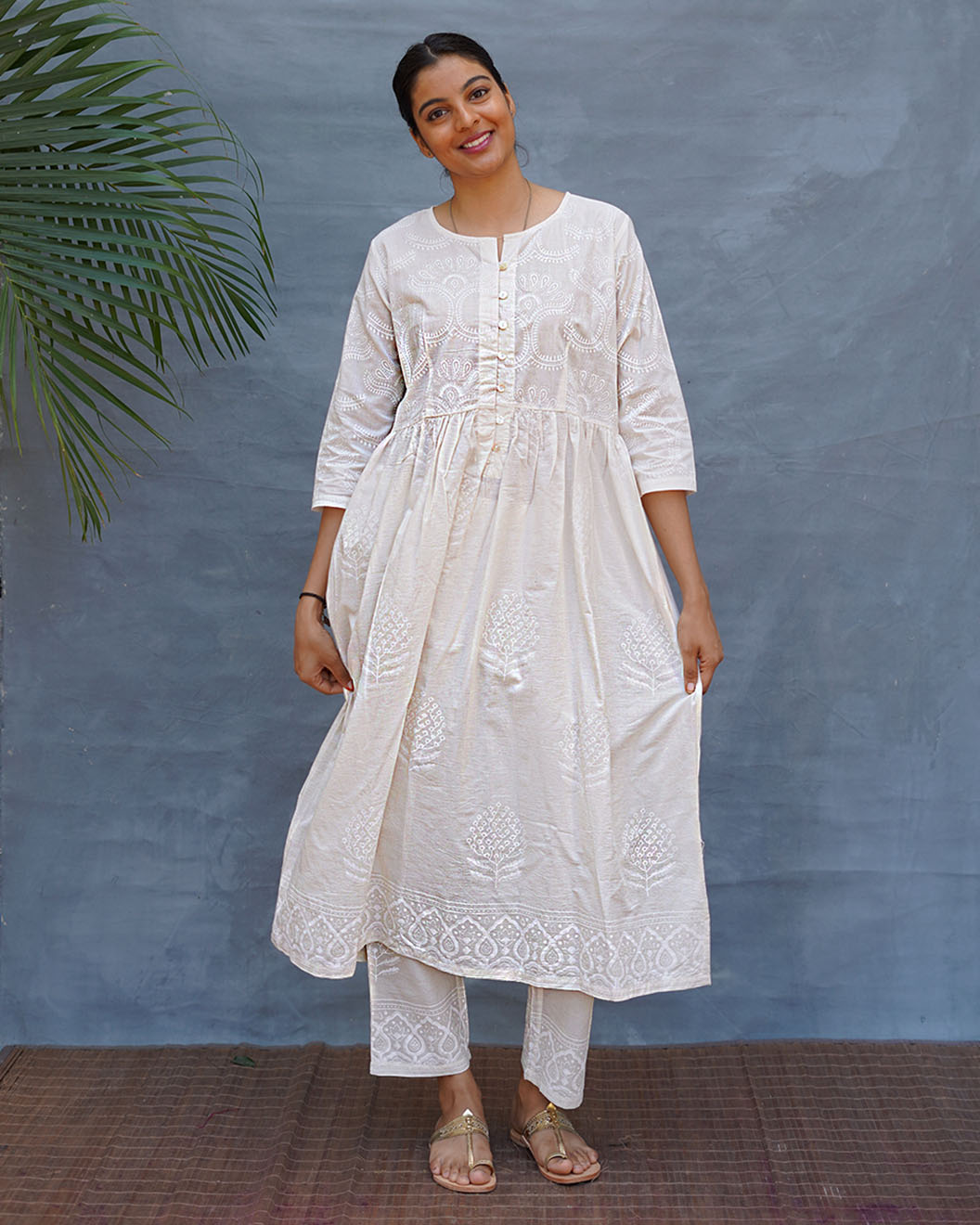 Pressed Cotton Ivory Handblock Printed Kurta Pant Set - SFD