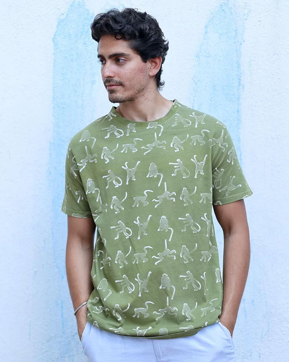Ranjha Olive Green White Hand Block Print Cotton T- Shirt - TOF