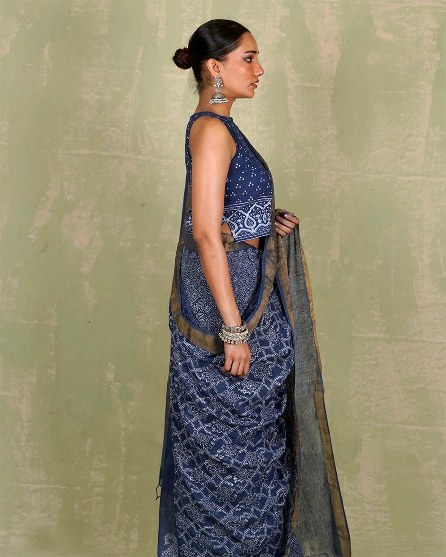 Malavi Blue Handblock Print Linen Saree - INDI