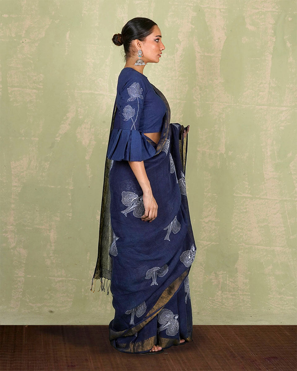 Rasiya Blue Handblock Print Linen Saree - INDI