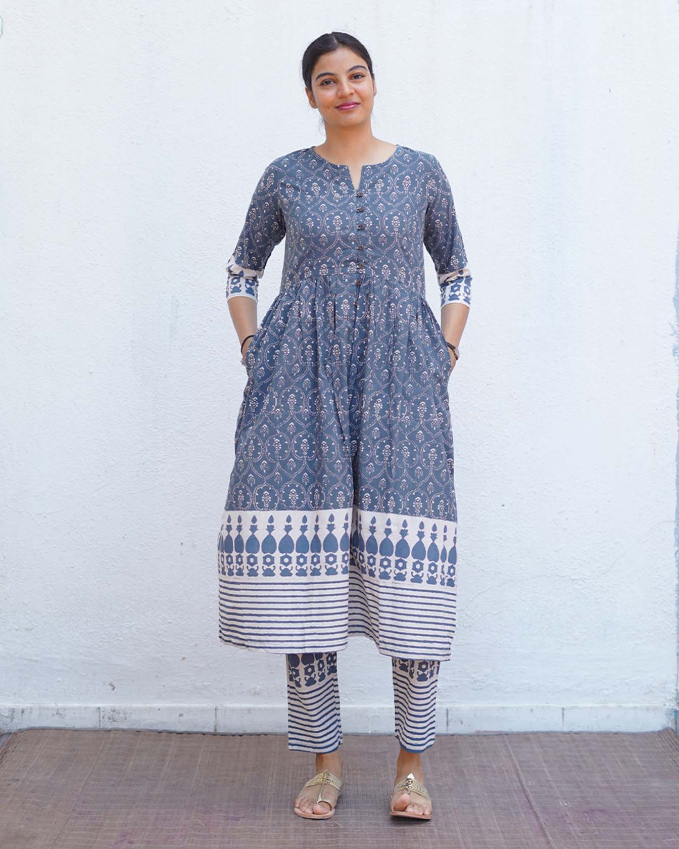 Hollow Dusk Grey Block Printed Kurta Set - BMS