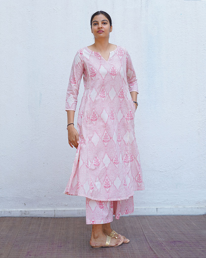 Sunflowerâ€™s Sheen Blush Pink Block printed Kurti - MMG
