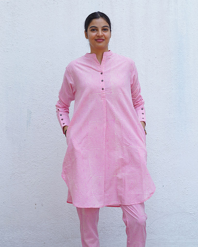 Radiant Roses Blush Pink Block Printed Kurta Set - MMG