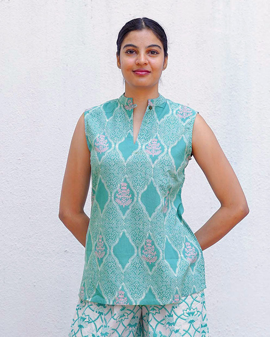 Frangipaniâ€™s Freshness Teal Green Block Printed Top - MMG