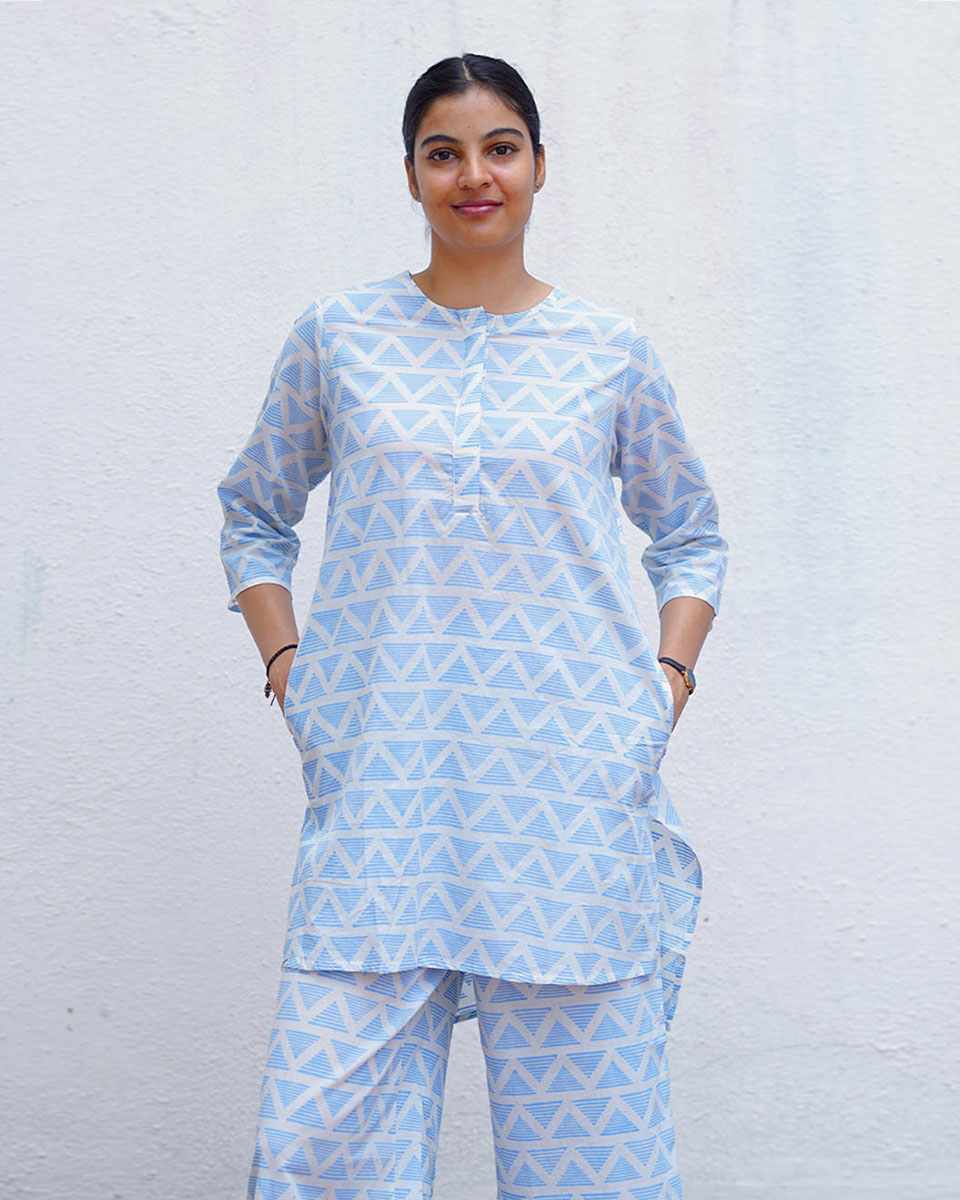 Chaaya Light Blue Hand Block Printed Kurti-BAD