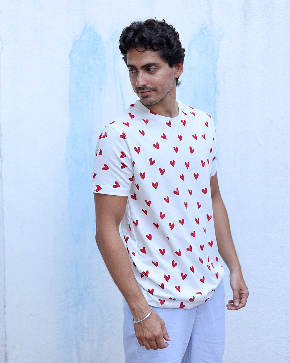 Gustaakh White Hand Block Print Cotton T- Shirt -TOF