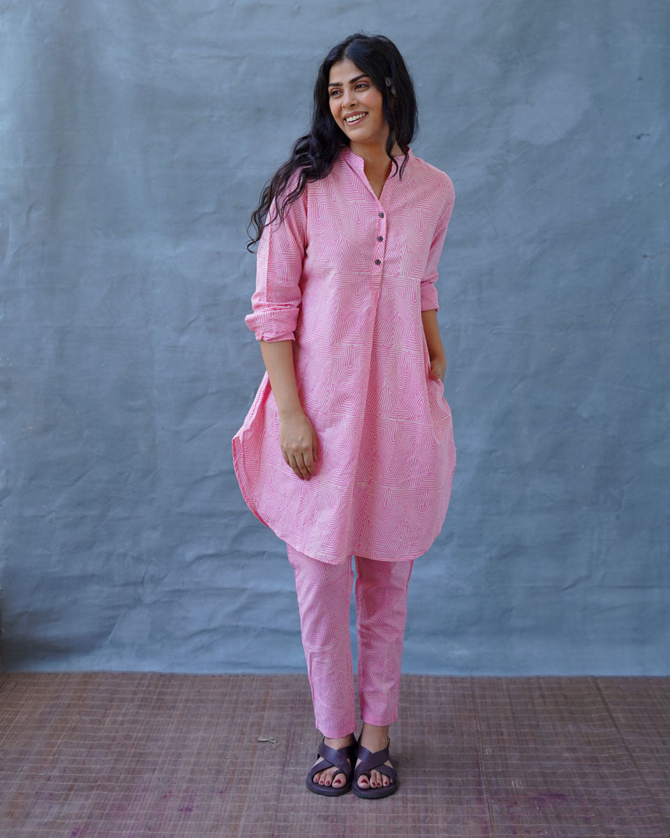 Radiant Roses Blush Pink Block Printed Kurta Set - MMG