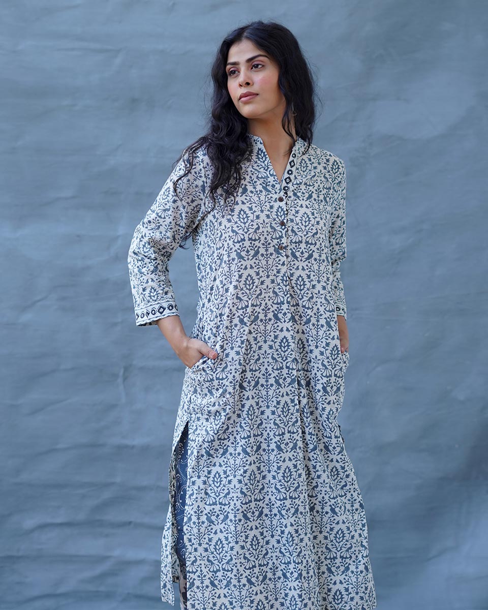 Monsoon Sea Grey Block Printed Cotton Kurti - BMS