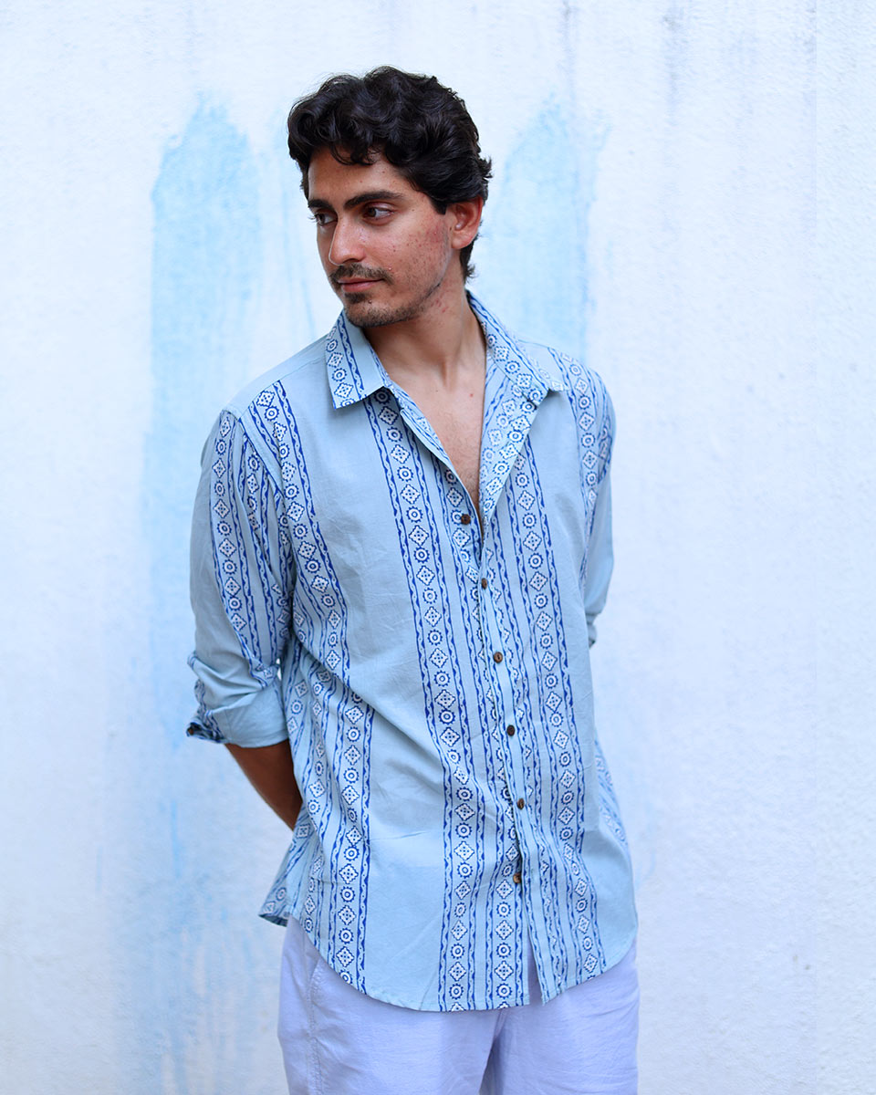 Viraj Blue Hand Block Print Cotton Shirt -TOF