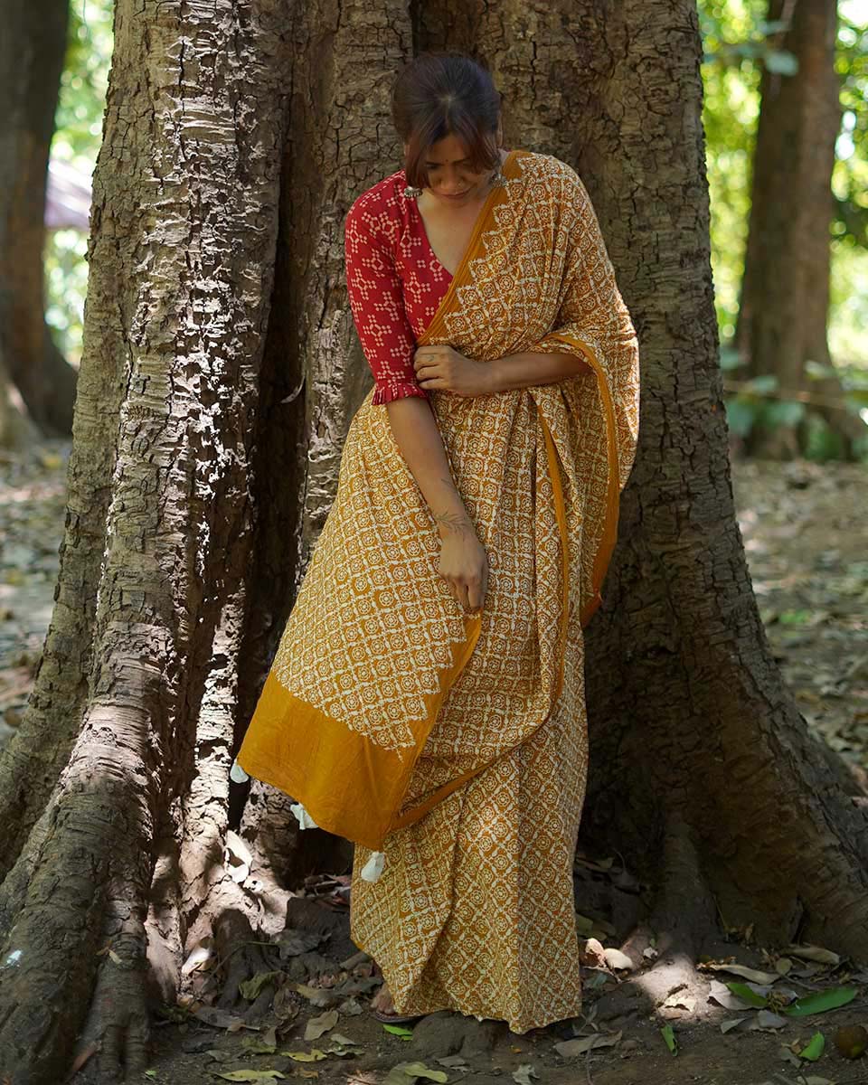 Under Open Skies Mustard Hand Block Printed Cotton Saree - UMT