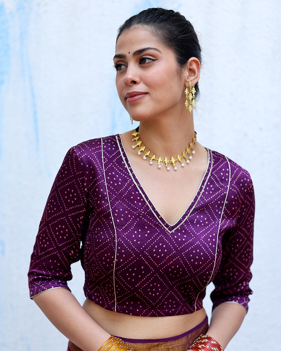 Mahsa Purple Handblock Print Mashru Silk Blouse - RSH