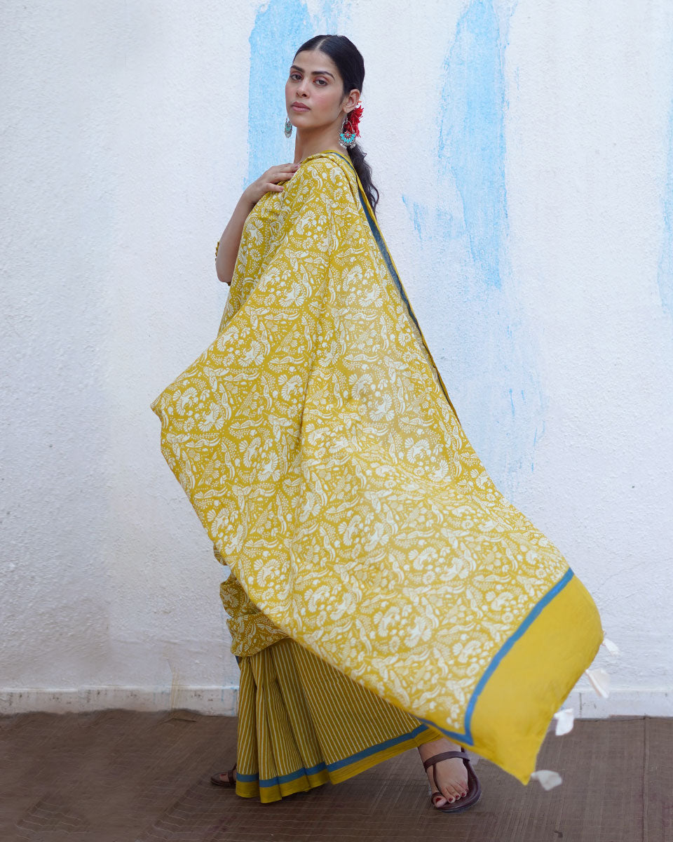 Pakhi Yellow Handblock Print Cotton Saree - BFG