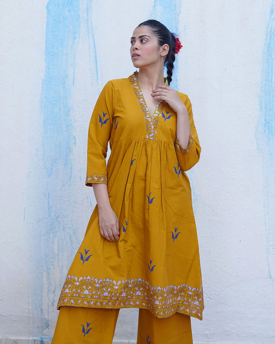 Rangeeli Mustard Yellow Handblock Print Cotton Kurta Set - BFG