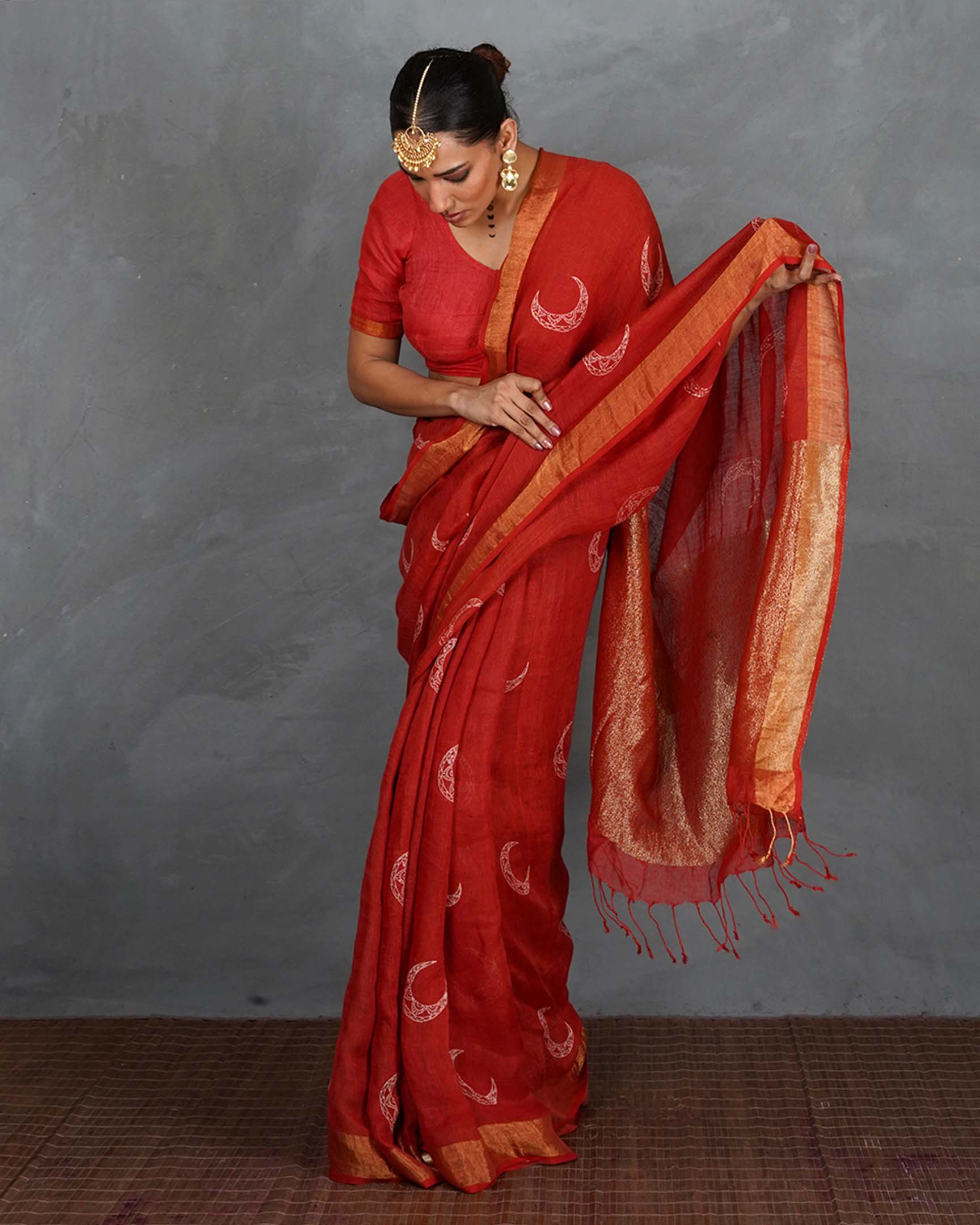 Taraani Red Handblock  Linen Saree - TARA