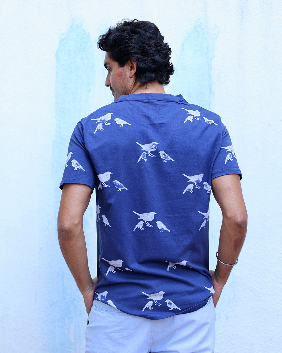 Meghdoot Blue Hand Block Print Cotton T- Shirt -TOF