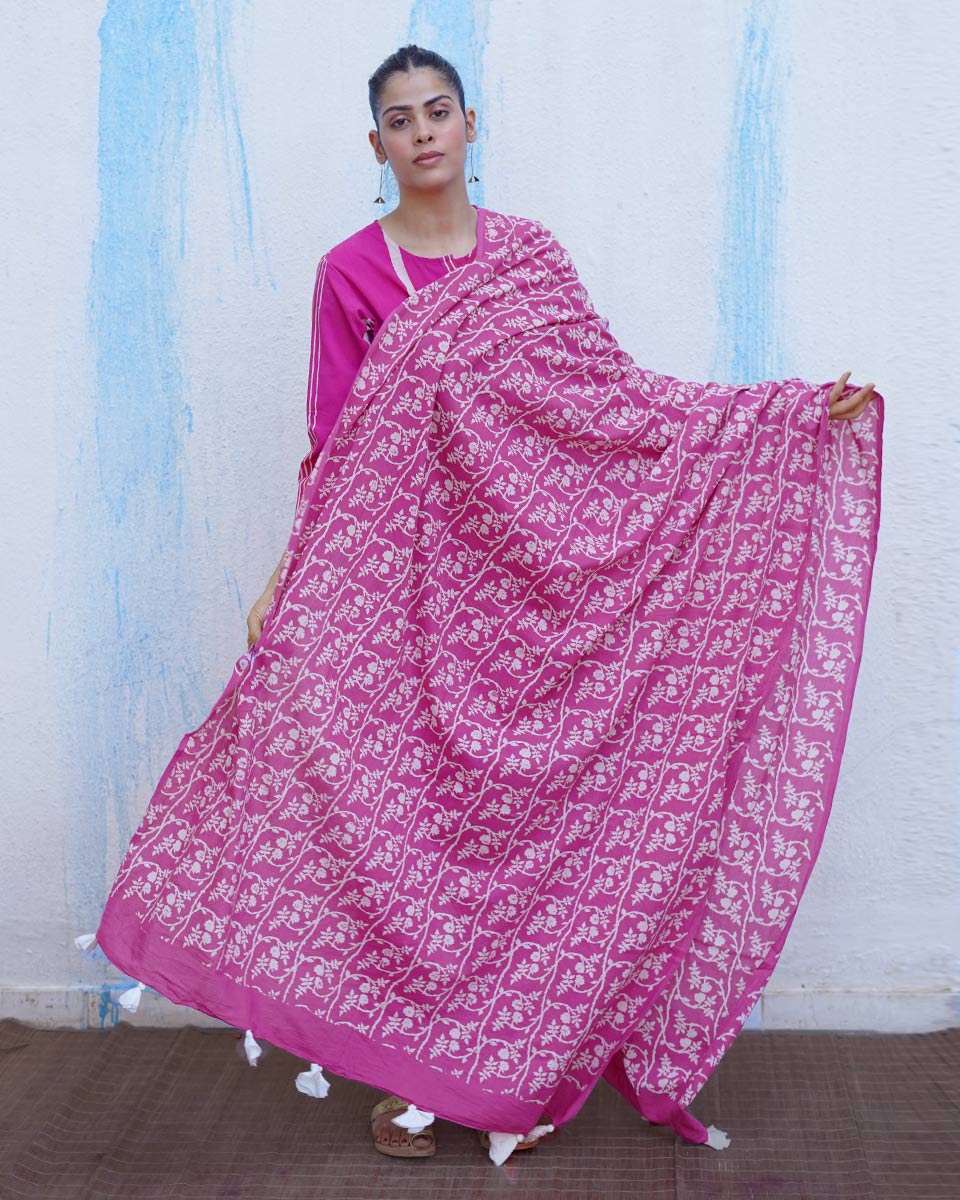 Mayuri Pink Handblock Print Cotton Dupatta - BFG