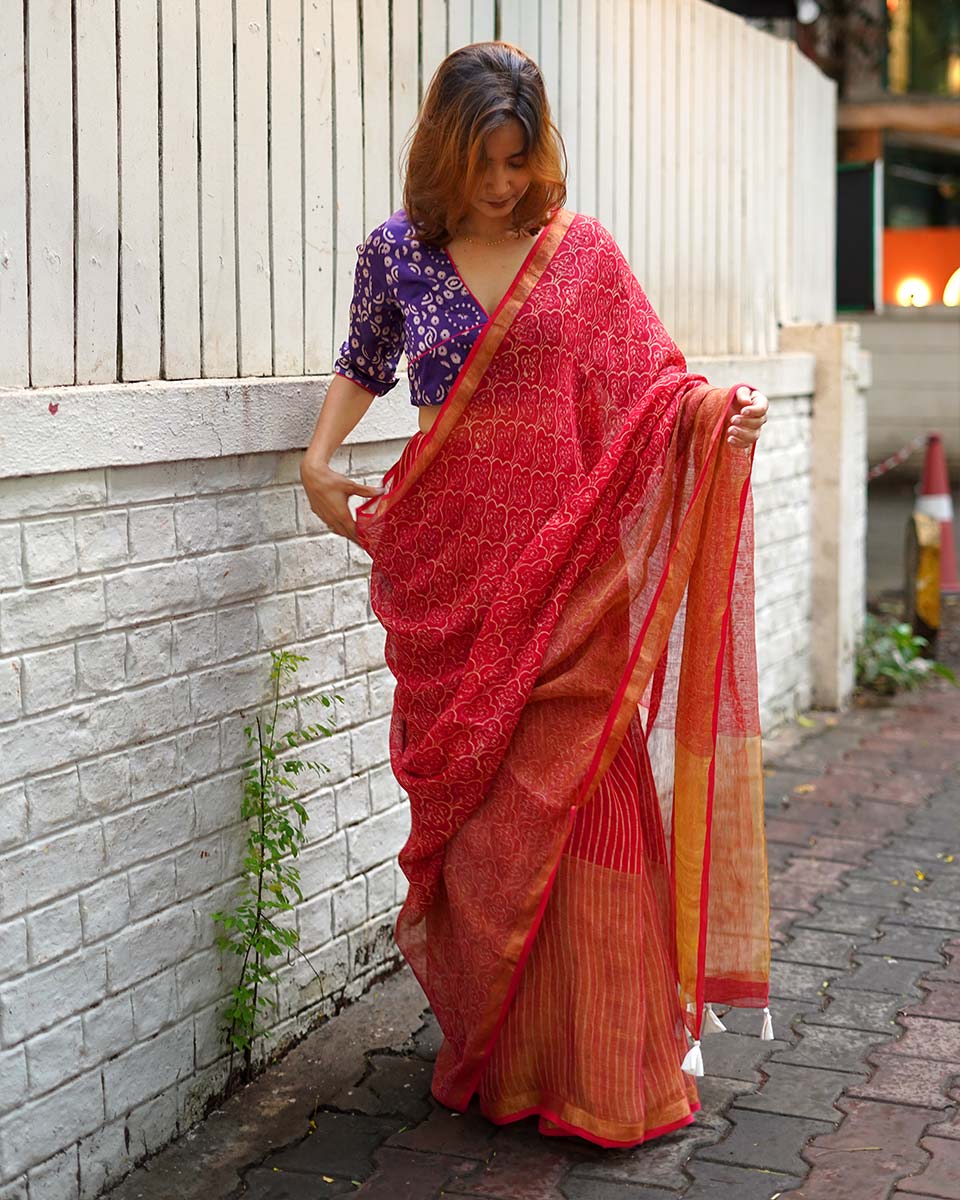 Ananya Red Handblock Printed Linen Saree - Anant