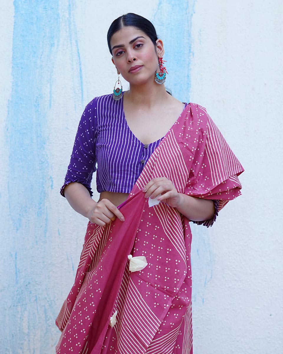 Patang Pink Handblock Print Cotton Saree - BFG