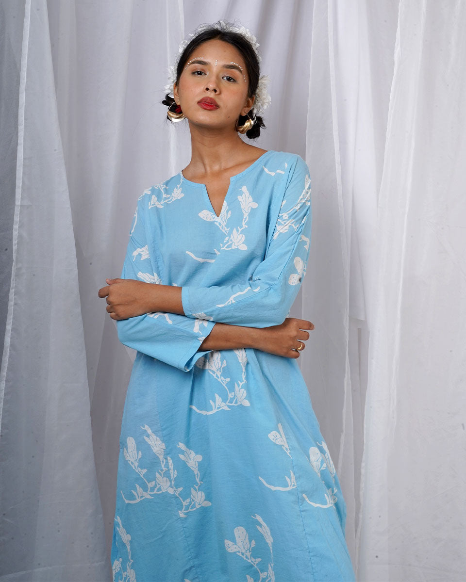 Tvesa Heirloom Blue Handblock Cotton Kurta-LD