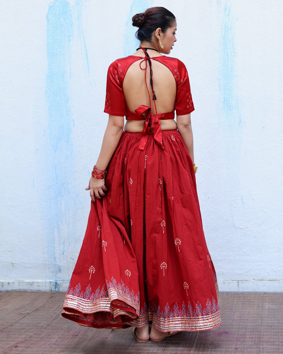 Jyotsna Red Handblock Print Cotton Ghagra - RSH