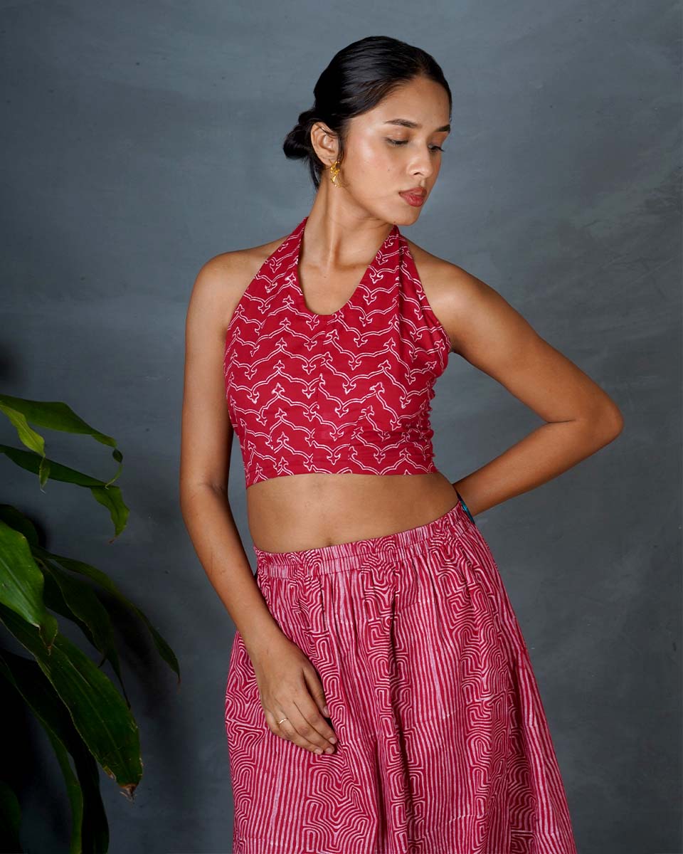 Smriti Red Hand Block Printed Top-MYA