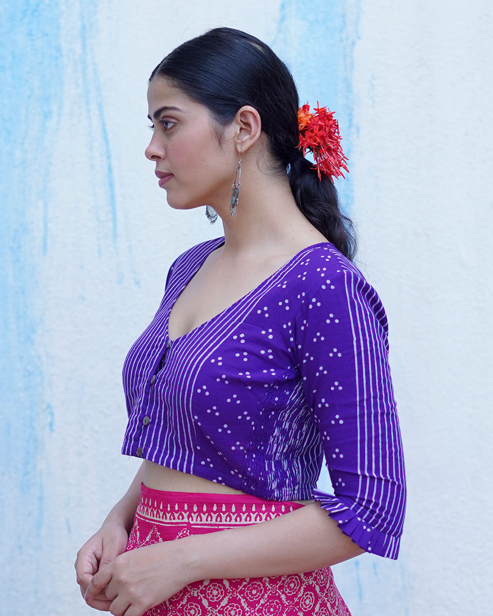 Pankhuri Purple Handblock Print Cotton Blouse - BFG