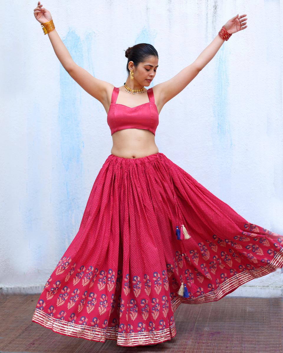 Chamak Pink Handblock Print Cotton Ghagra - RSH