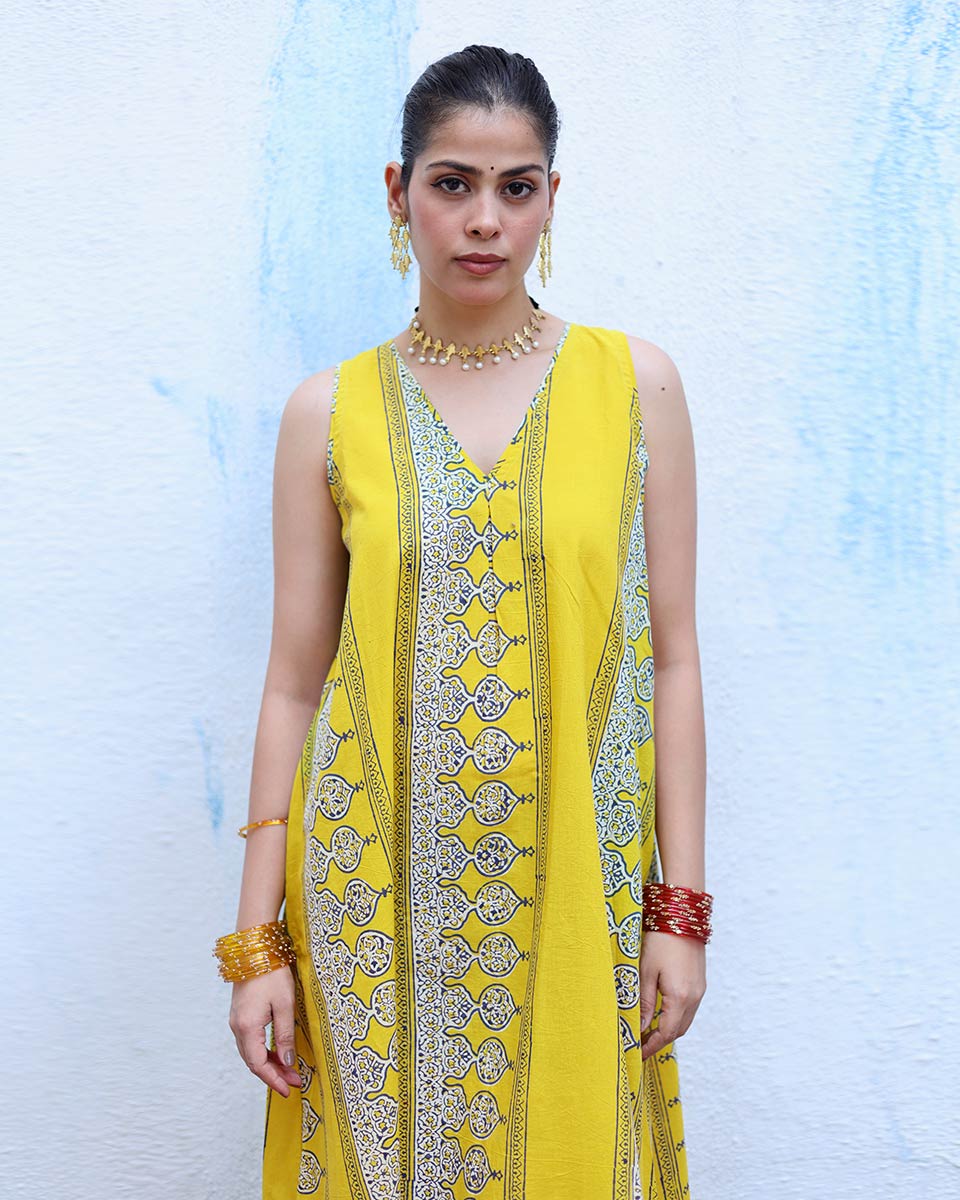 Roushan Yellow Handblock Print Cotton Dress - RSH