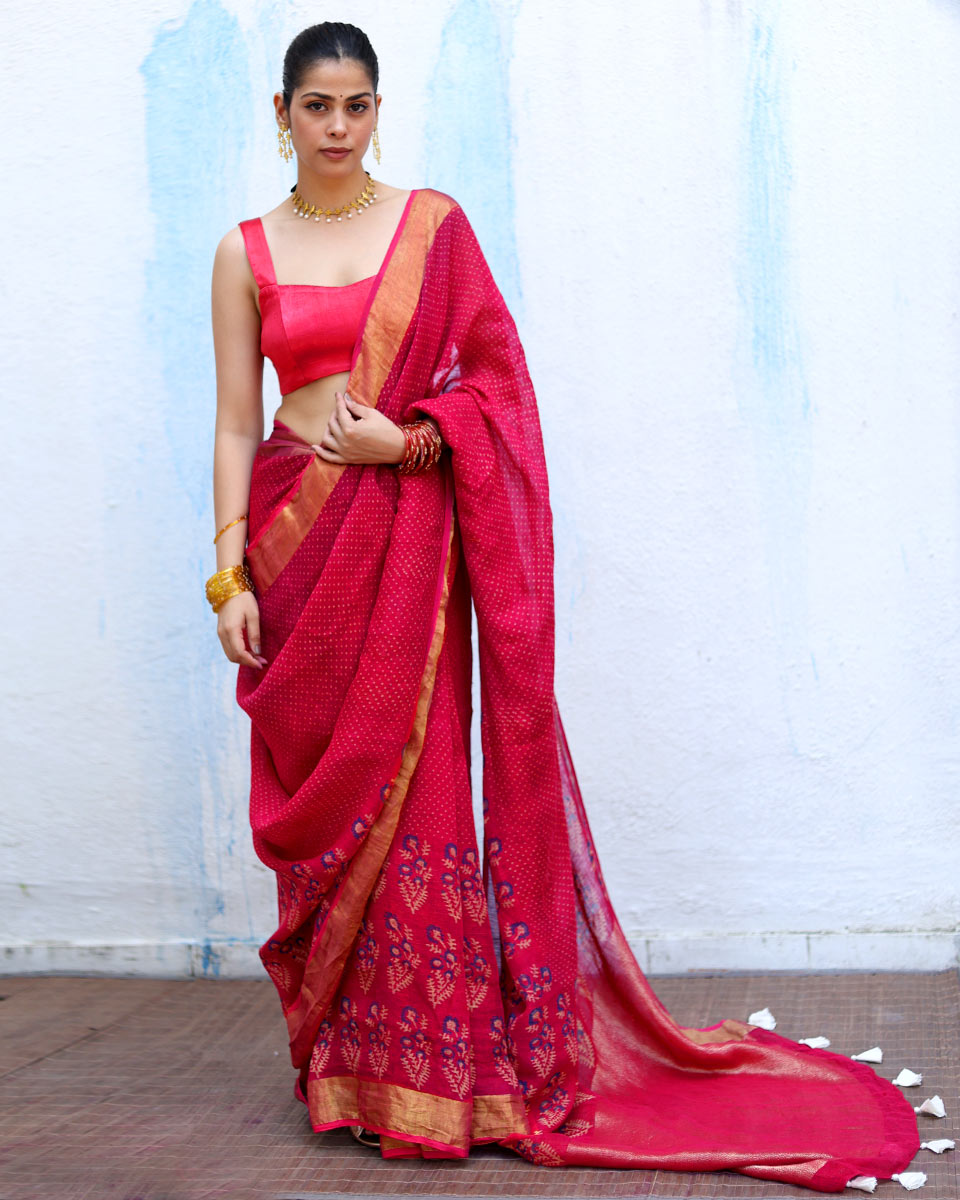 Mehr Pink Handblock Print Linen Saree - RSH