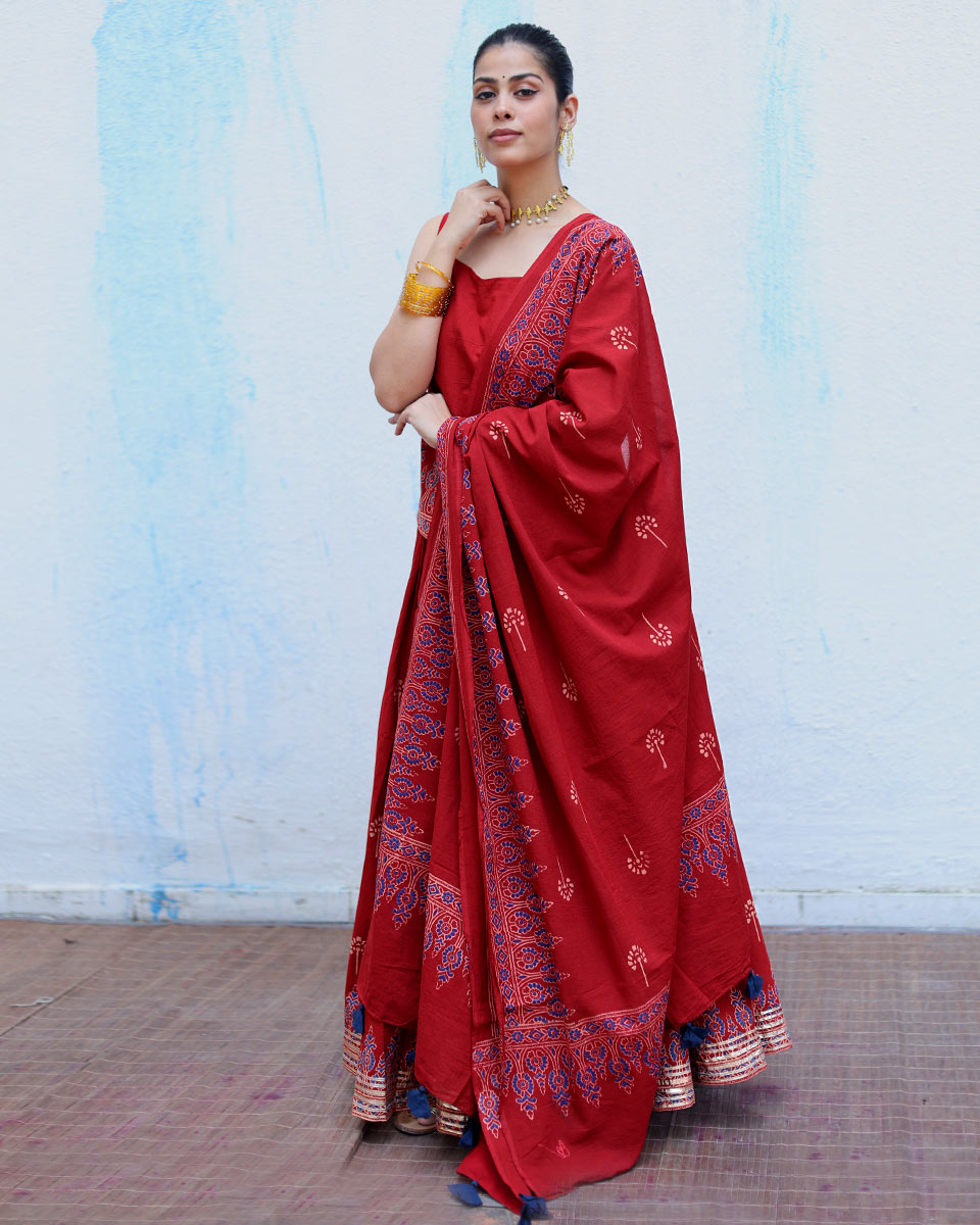 Chiraagh Red Handblock Print Cotton Dupatta - RSH