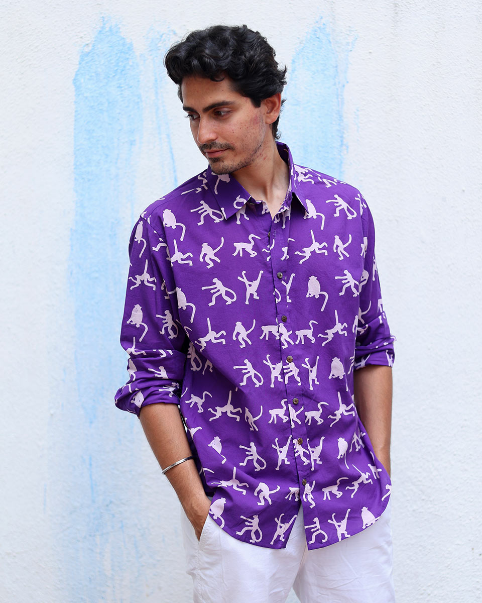 Sairaab Purple Hand Block Print Cotton Shirt - TOF