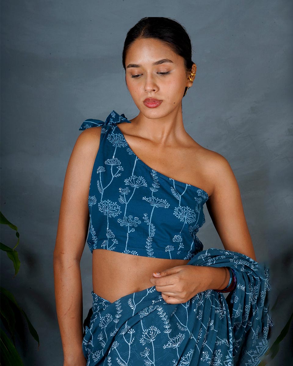 Inaya Teal Green Hand Block Printed Blouse-MYA