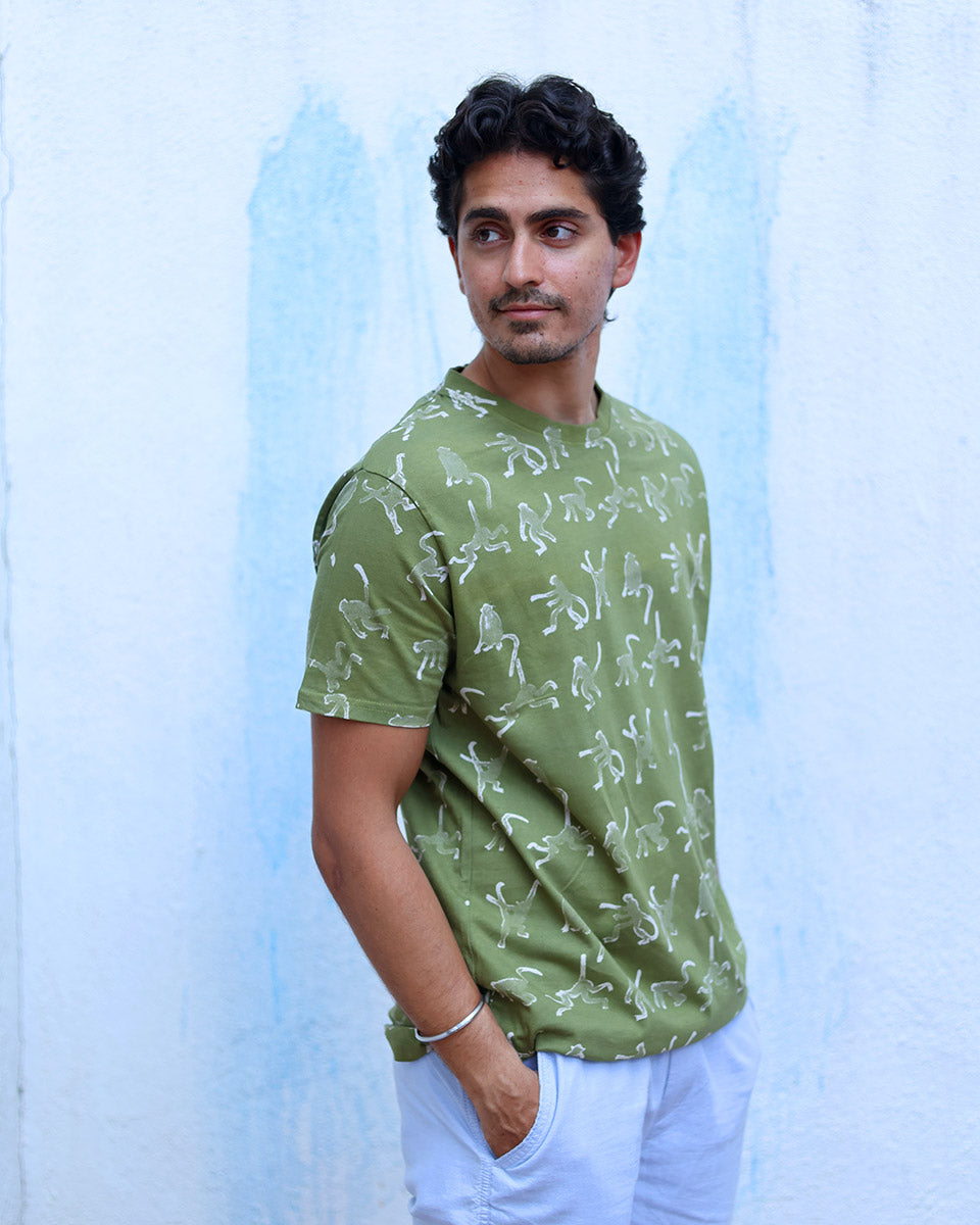 Ranjha Olive Green White Hand Block Print Cotton T- Shirt - TOF