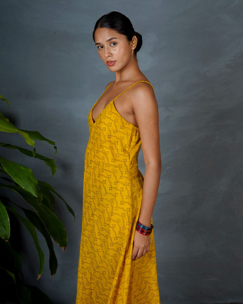 Amaira Yellow Hand Block Printed Dress-MYA