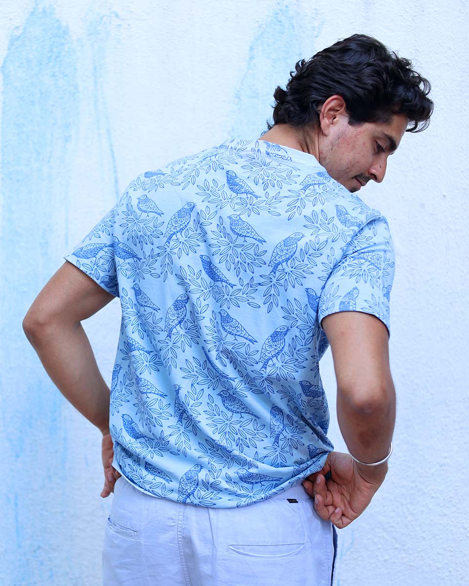 Anhad Sky Blue Hand Block Print Cotton T- Shirt - TOF