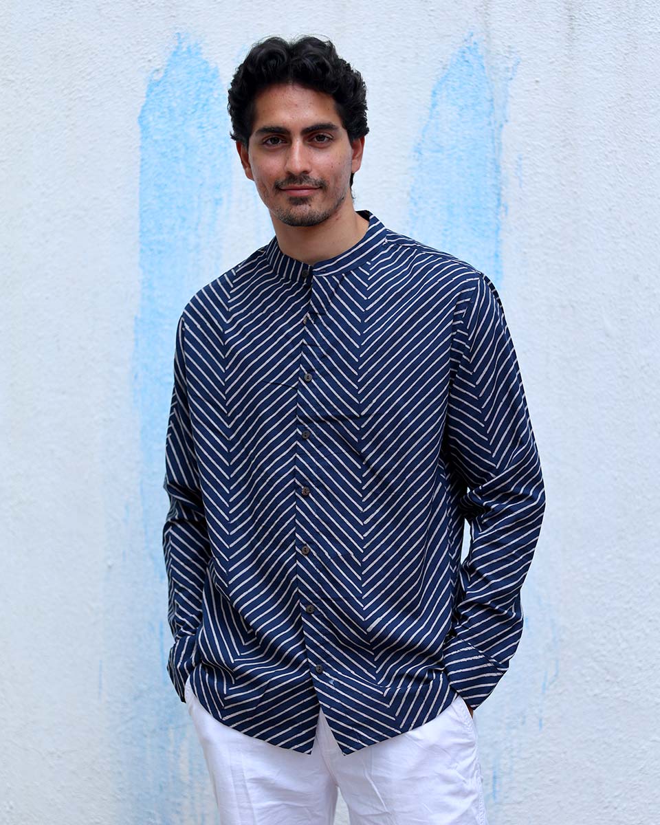 Aangan Blue Hand Block Print Cotton Shirt -TOF