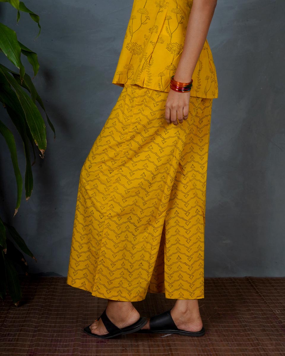 Rhea Yellow Hand Block Printed Bottom Pant-MYA