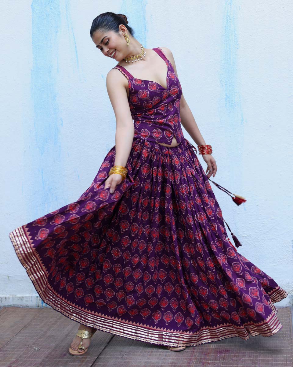 Jyoti Purple Handblock Print Cotton Ghagra - RSH