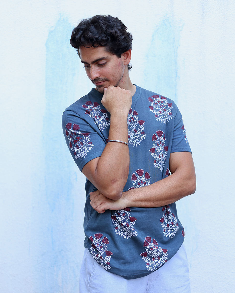Sagar Blue Hand Block Print Cotton T- Shirt - TOF