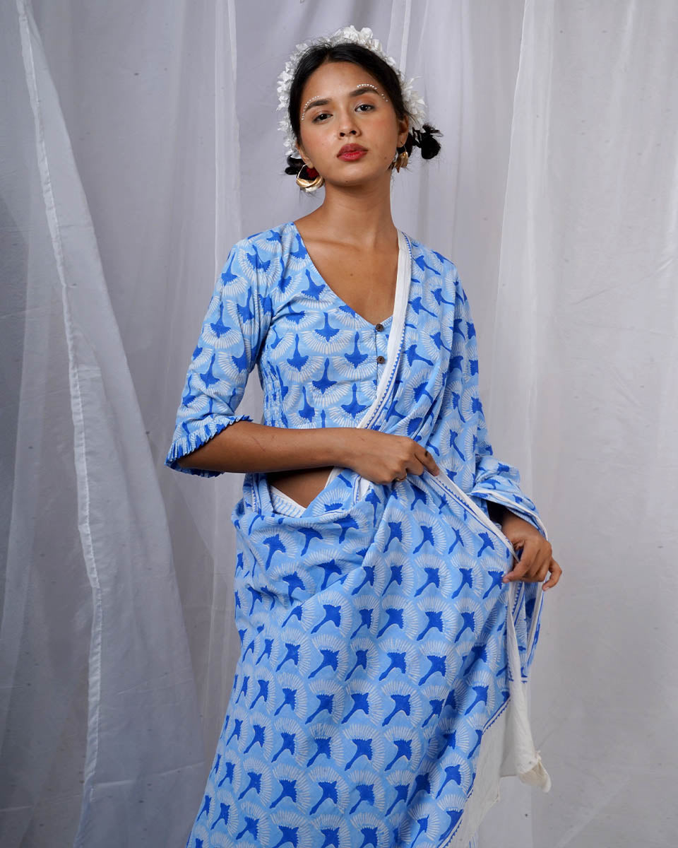 Maya Blue Hand Block Printed Saree-BAD