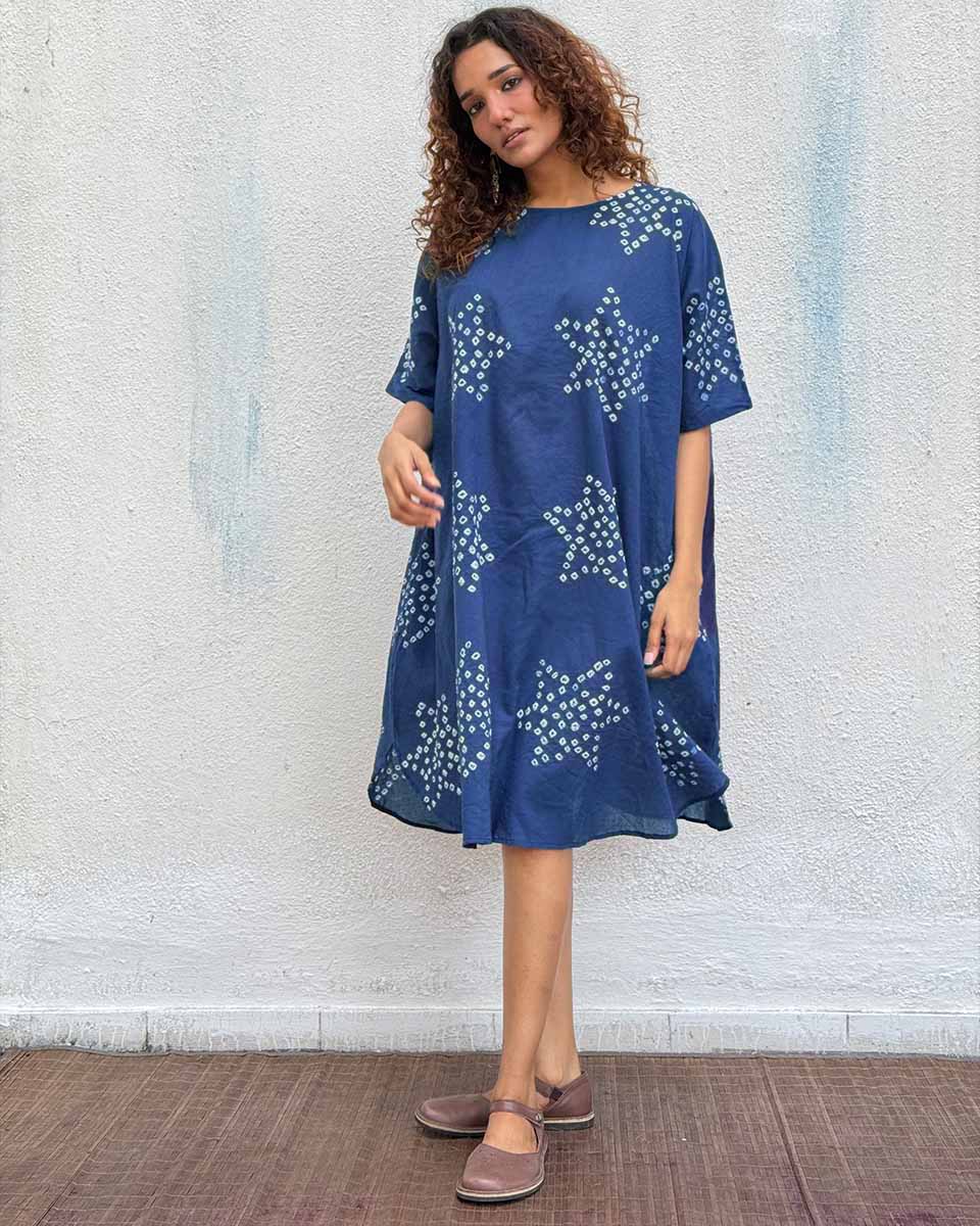 Blue Me Away Bandhej Cotton Dress - Freesize