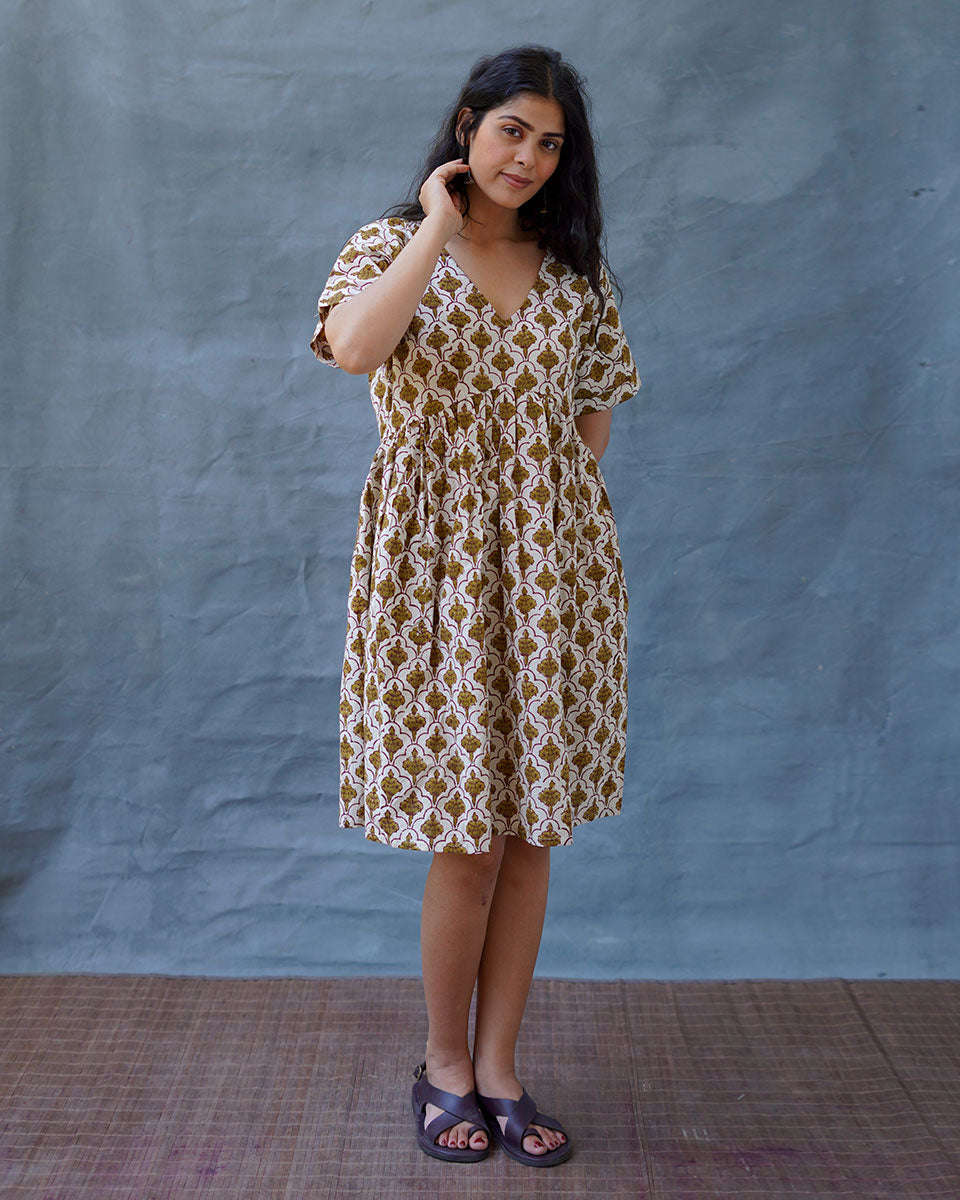 Tu Dilruba Ivory Block Printed Cotton Dress - WW