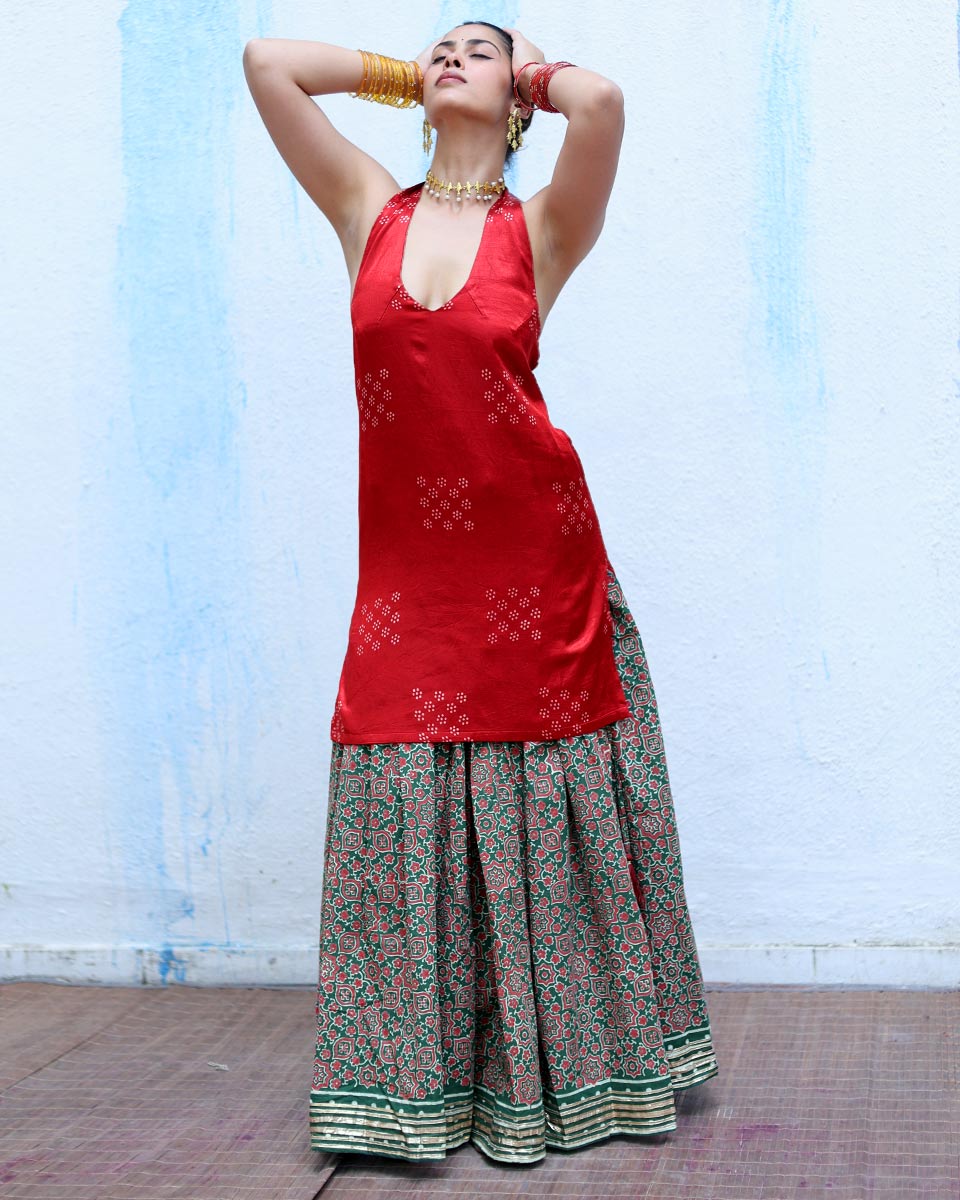 Jhilik Green Handblock Print Cotton Ghagra - RSH