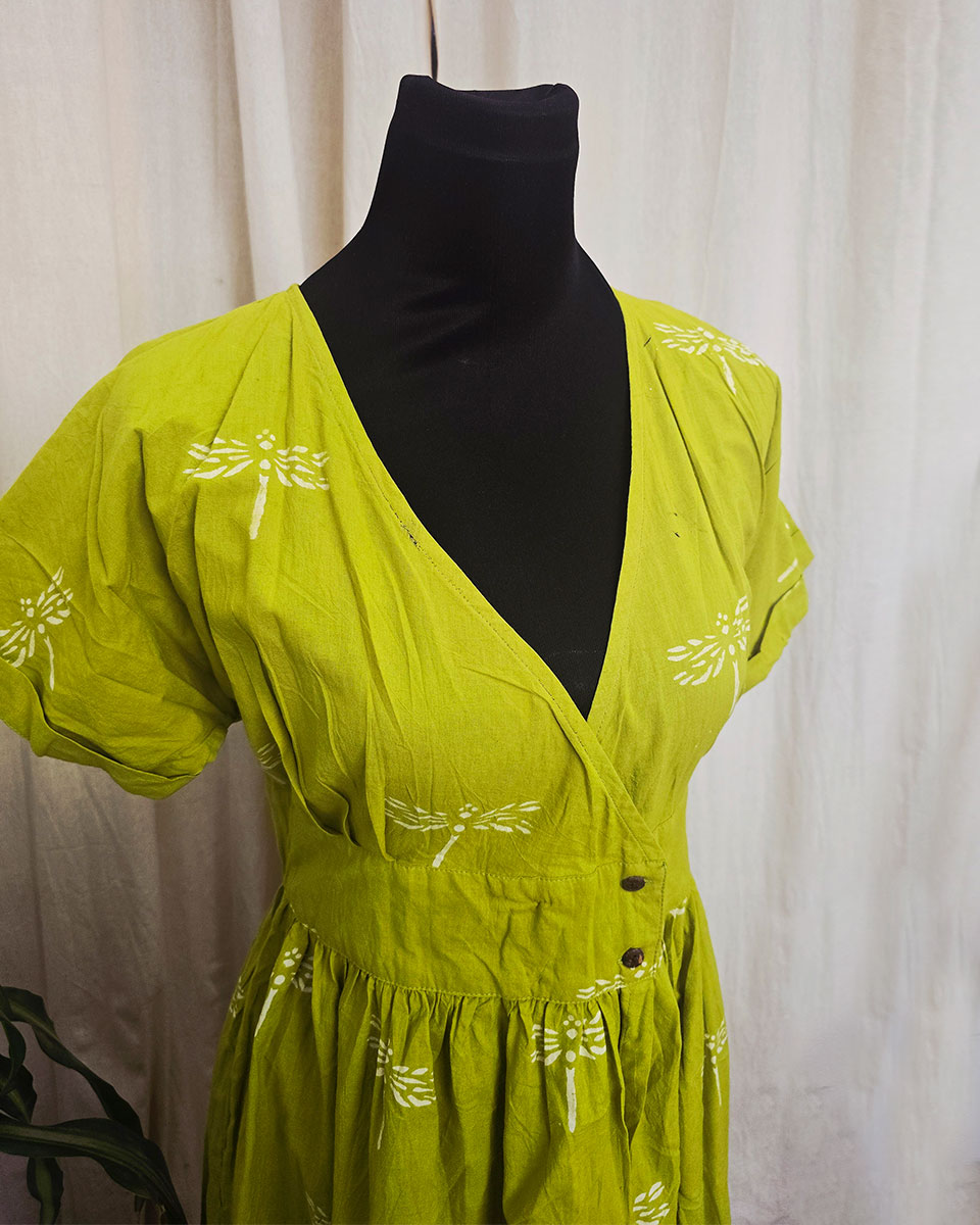 Riya Parrot Green handblock printed Cotton dress - Love Despite